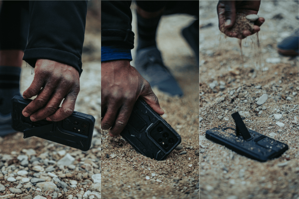 a stong man pick up a military grade rugged phone case from the ground