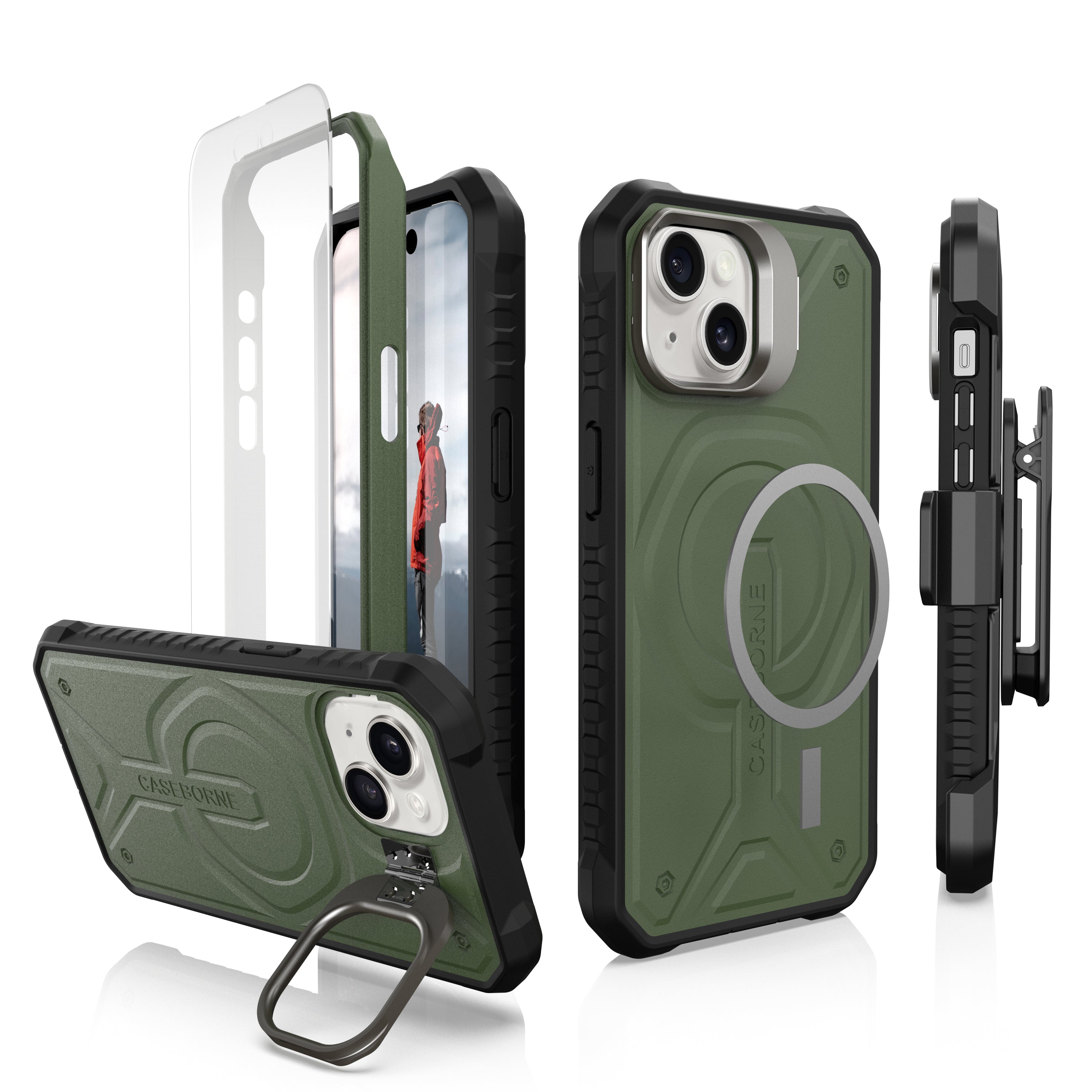iPhone 15 Case - Military Grade Protection - MagSafe Compatible - with Belt Clip Holster, Kickstand & Tempered Glass Screen Protector