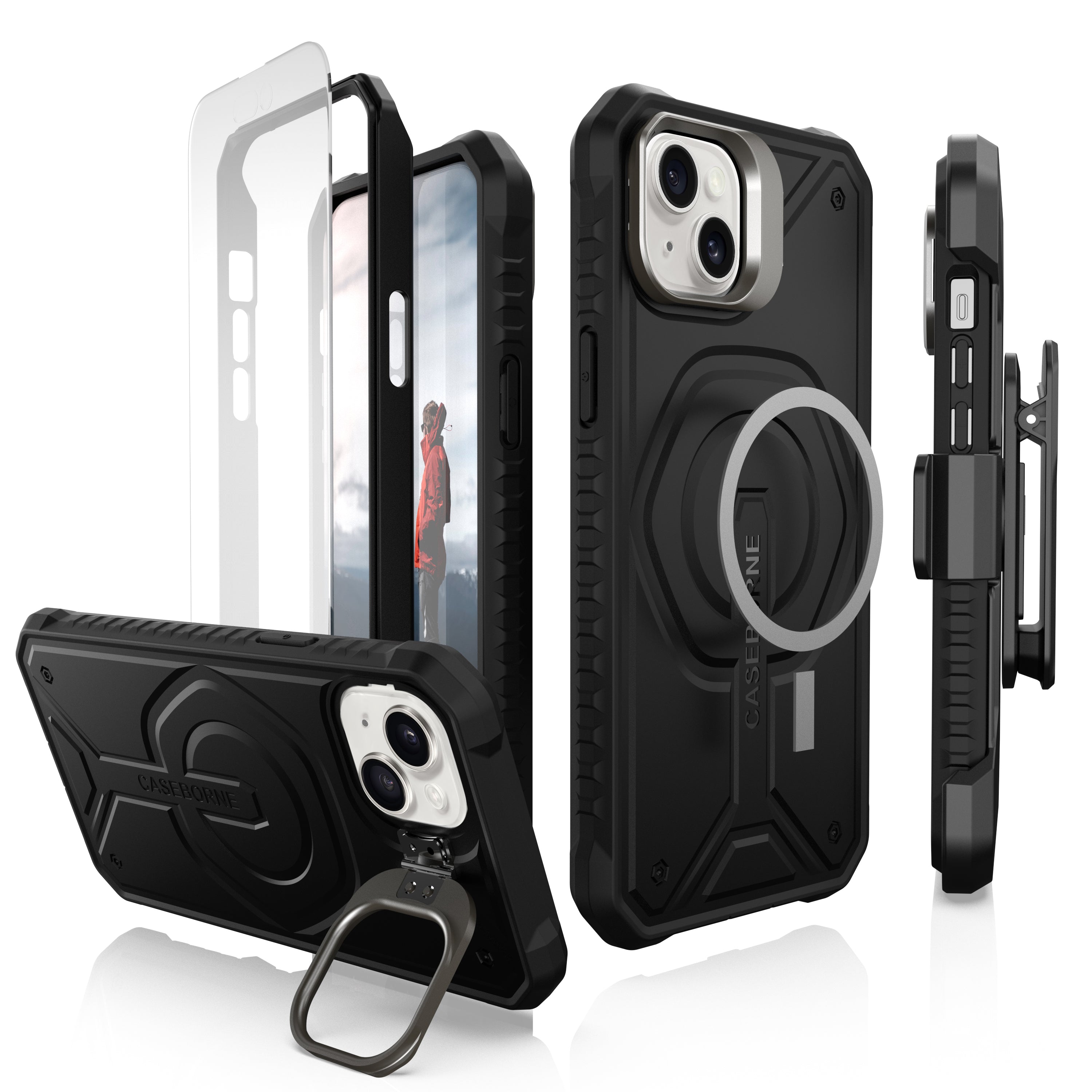 iPhone 15 Plus Case - Military Grade Protection - MagSafe Compatible - with Belt Clip Holster, Kickstand & Tempered Glass Screen Protector