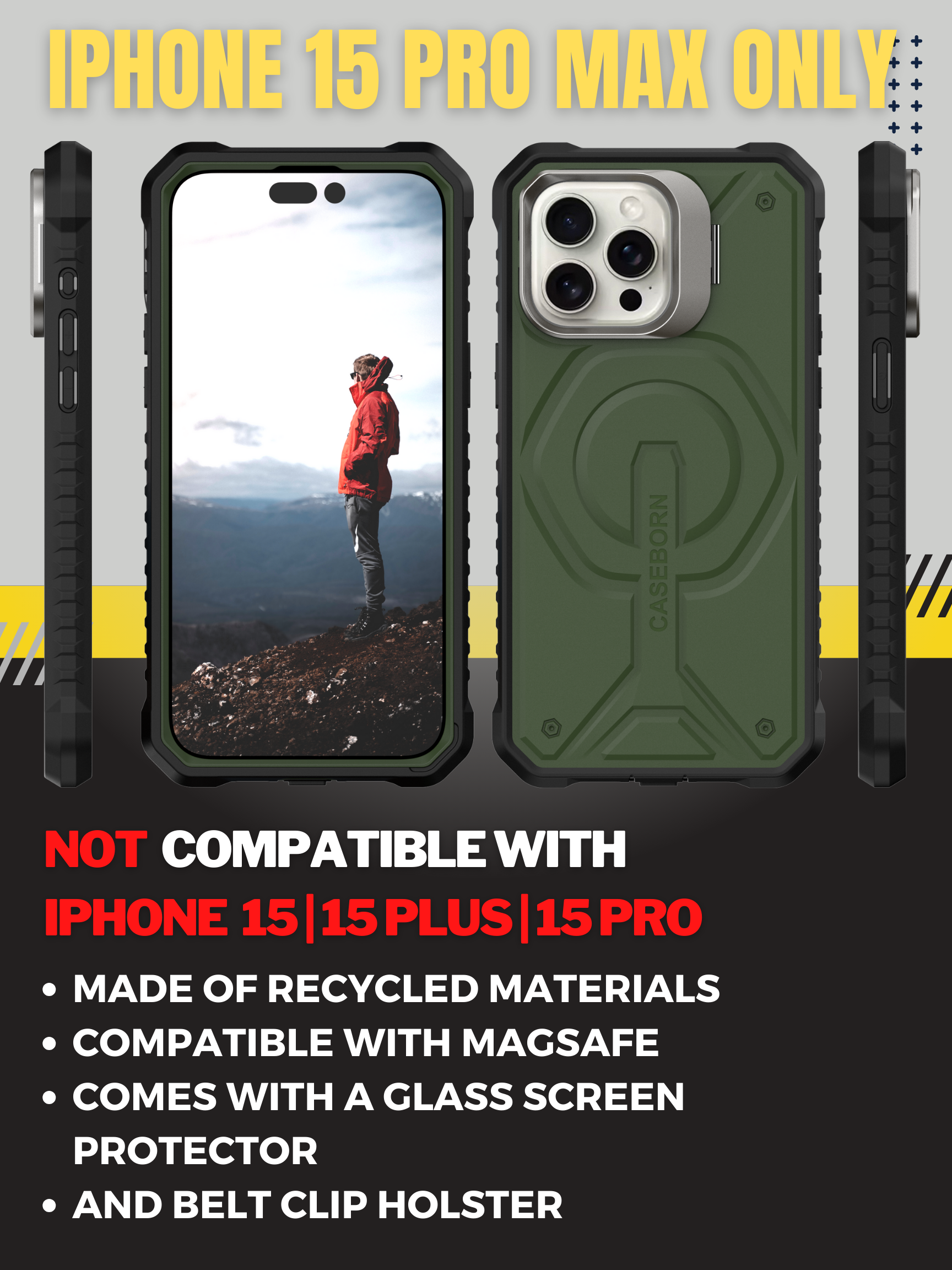 iPhone 15 Pro Max Case - Military Grade Protection - MagSafe Compatible - with Belt Clip Holster, Kickstand & Tempered Glass Screen Protector